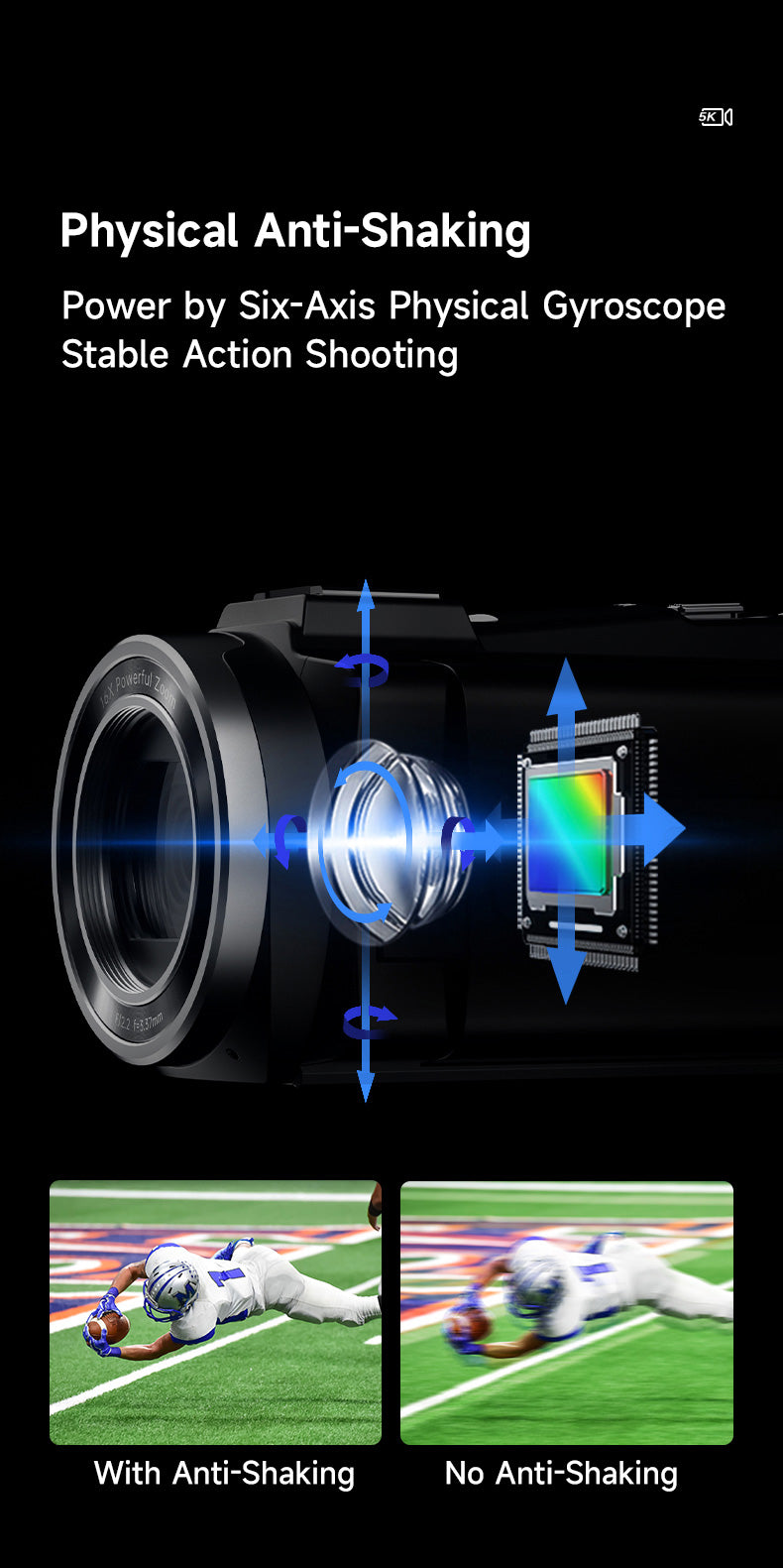 5K Touchscreen Video Camera with Night Vision β 48MP, WiFi, 16X Zoom & Anti-Shake Stabilization