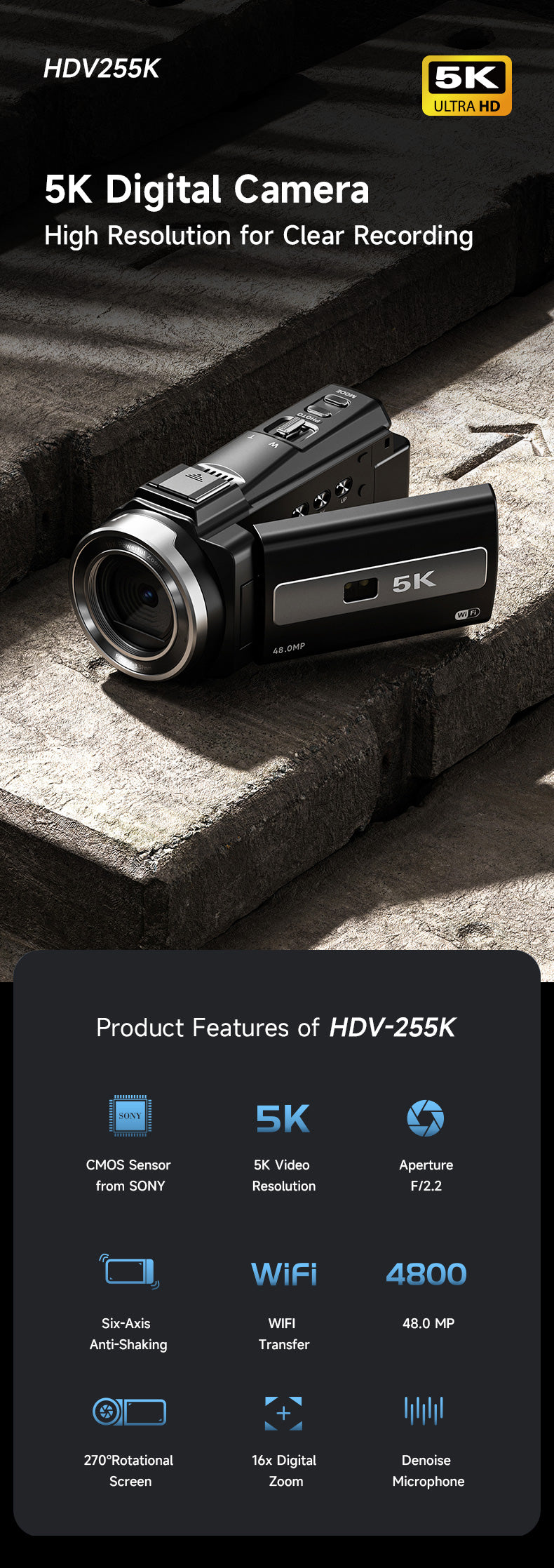5K Touchscreen Video Camera with Night Vision – 48MP, WiFi, 16X Zoom & Anti-Shake Stabilization