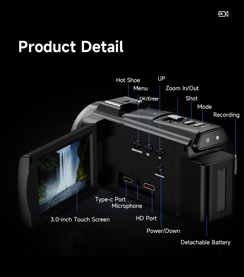 5K Touchscreen Video Camera with Night Vision – 48MP, WiFi, 16X Zoom & Anti-Shake Stabilization